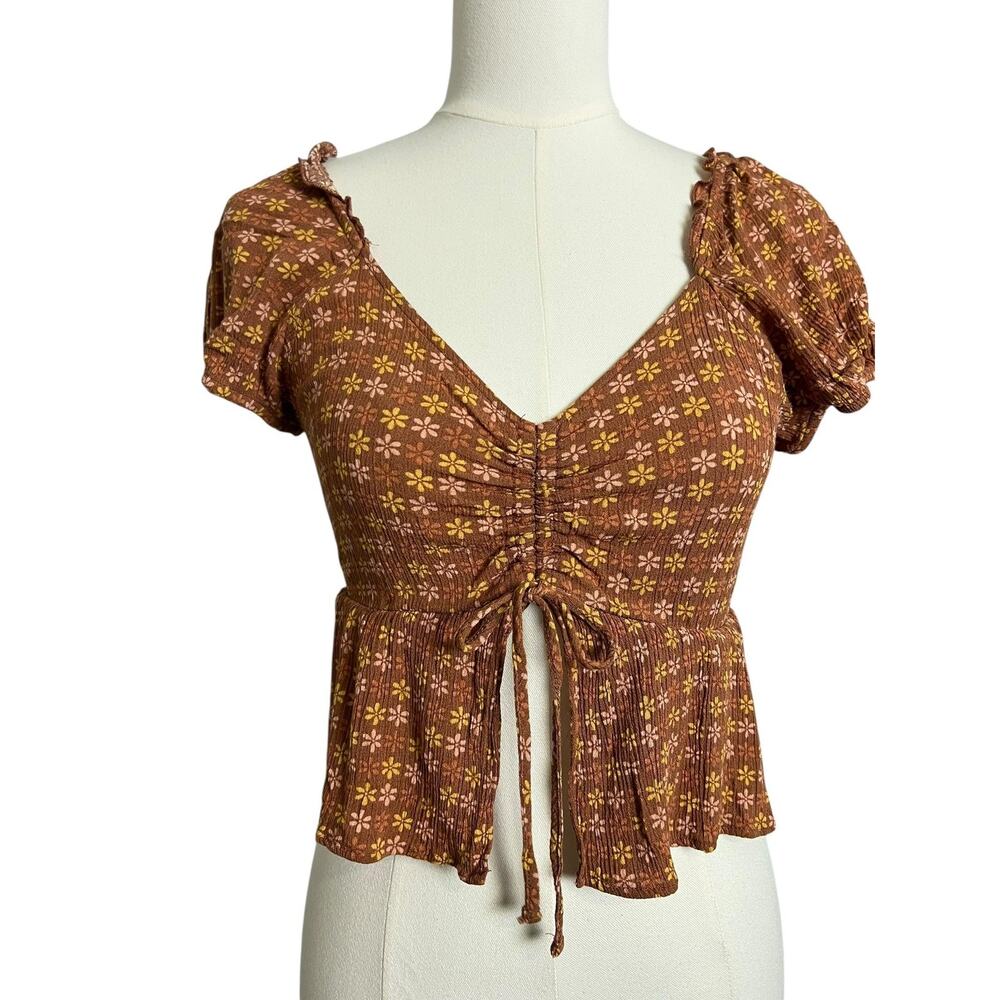 Pink Rose Ruched Crop Blouse Small Brown Floral Puff Sleeve Boho Top Cottagecore
